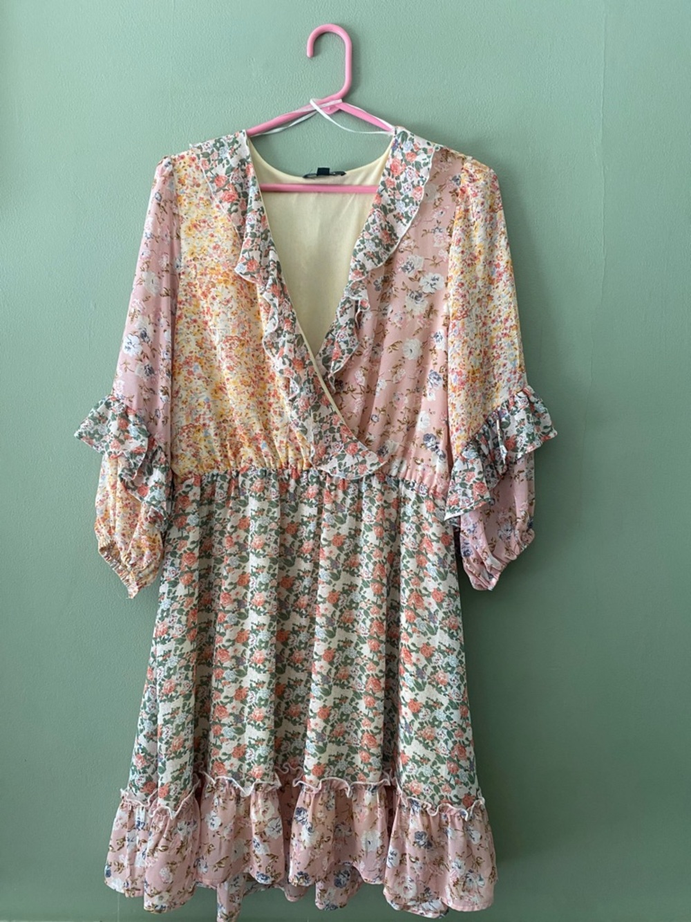Boho Floral Patchwork Ruffle Wrap Dress in Pink